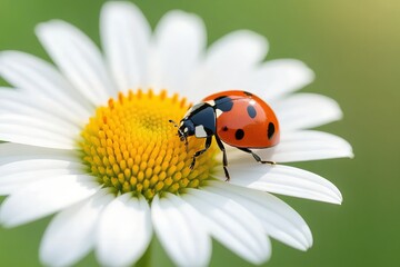 Obraz premium Ladybug on Daisy: A charming ladybug finds its haven atop a vibrant daisy, against a soft blurred background of the natural world, showcasing the beauty of insects and flowers.