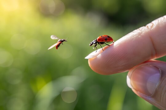 Tiny Insect Encounter: A captivating moment captured as a red ladybug rests delicately on a finger, while another insect with wings takes flight. A unique showcase of nature's miniature wonders.