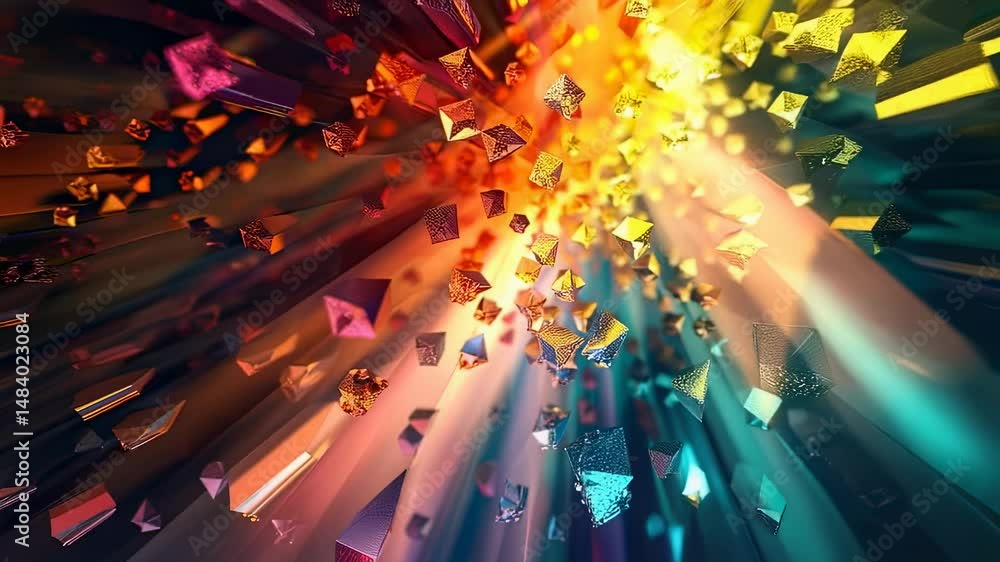Poster abstract colorful explosion of geometric shapes with light rays