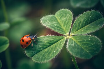 Ladybug and Clover: A detailed macro photograph of a vibrant ladybug perched delicately on a four-leaf clover, symbolizing good luck and the beauty of nature's intricate designs.