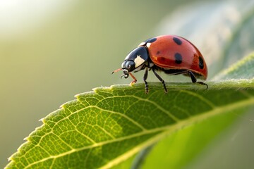 Fototapeta premium Ladybug's Embrace: A captivating image showcases a vibrant ladybug perched delicately on a textured green leaf.