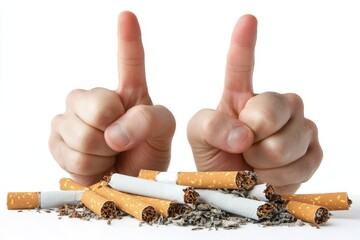 Two hands pointing up over a pile of cigarettes and ash on a white background symbolizing quitting smoking
