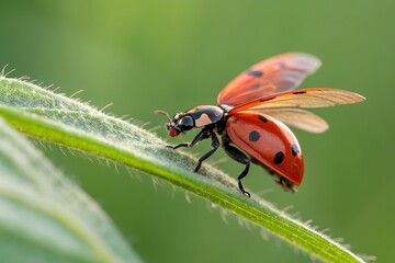 Fototapeta premium Ladybug Taking Flight: A close-up shot captures the vibrant ladybug in mid-flight, showcasing its intricate wings and spots as it embarks on a journey.