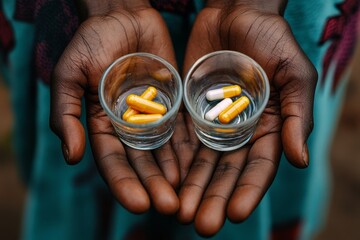 Hands holding two small glasses filled with yellow and white capsules for health and wellness care