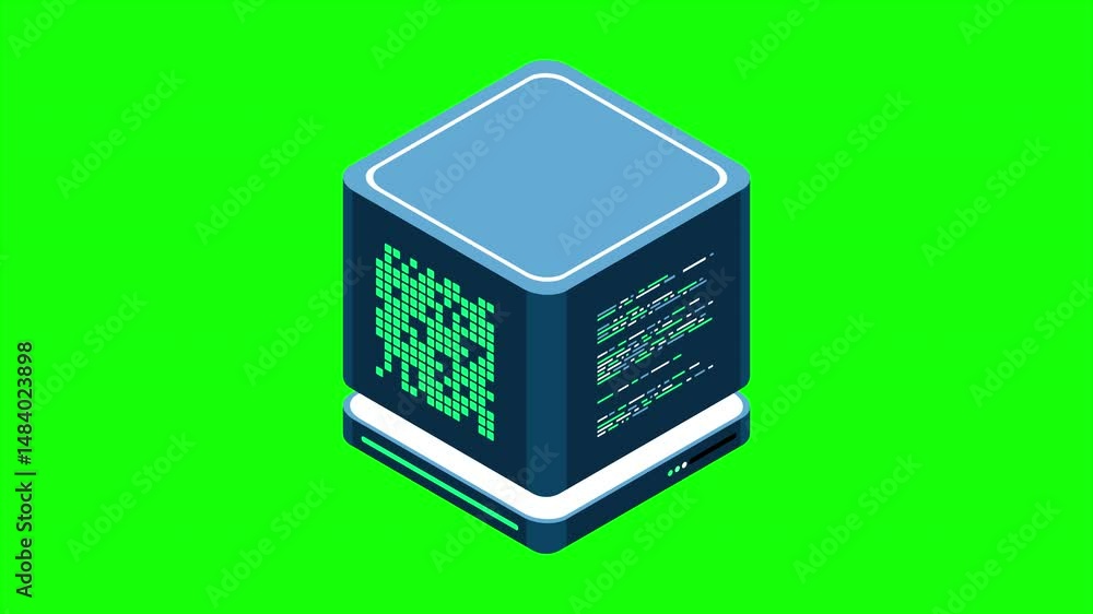 Poster Isometric futuristic server animation. Isometric database or data center. Abstract blockchain. Computer storage. Cloud storage. 4K video animated in isometric style