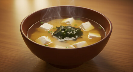 Steaming Bowl Of Miso Soup With Tofu And Seaweed Garnishing On Wooden Table