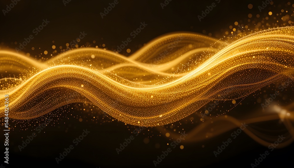 Aufkleber golden flow, abstract wave of shimmering particles on black, liquid gold texture. ethereal motion, e