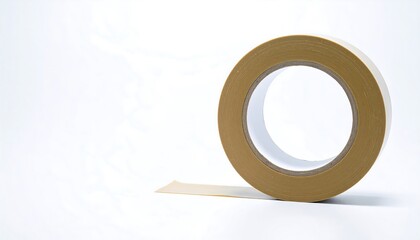 Roll of tan tape on a white backdrop.