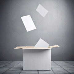 Broken ballot box with voting papers flying in the wind, set against a gray urban background. Symbolic image of distrust, electoral chaos or democracy at risk.