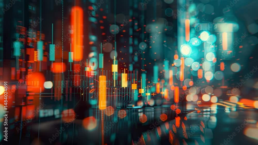 Poster abstract financial chart with candlestick pattern and bokeh lights