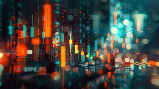 Abstract financial chart with candlestick pattern and bokeh lights