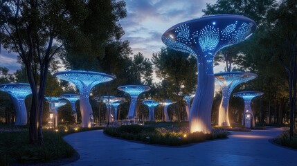 Enchanted luminous grove, A tranquil futuristic cityscape park ambiance