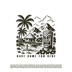 Vintage retro hand drawn exotic beach paradise with Tiki  statue and mountain in the background © purify