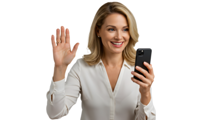 Enthusiastic blonde woman waves hello during a video call, creating a friendly and inviting online presence with her warm greeting.