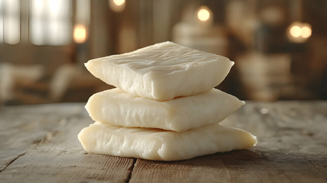 Queso Tetilla, Tetilla Cheese Tetilla cheese wedge on wood surface, silky texture, soft warm background