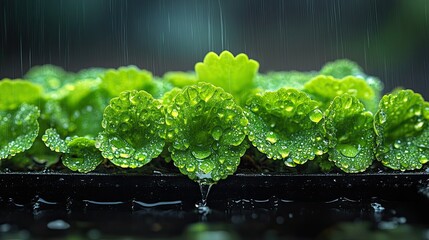 Rain drops on lush green plants.