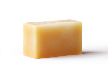 A bar of pale yellow soap sits on a white background.  The soap's smooth surface shows subtle variations in tone.