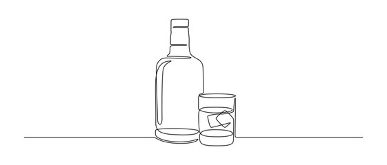 Glass and bottle of whiskey in one continuous line drawing. Whisky and liquor with ice cubes for alcohol drink menu in simple linear style. Editable stroke. Hand drawn vector illustration