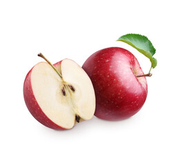 Ripe red apple and half of one with a leaf - perfectly cut out PNG image, and the shadow is also...