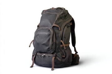 Durable dark-grey backpack, perfect for any adventure.  Multiple compartments and sturdy straps.