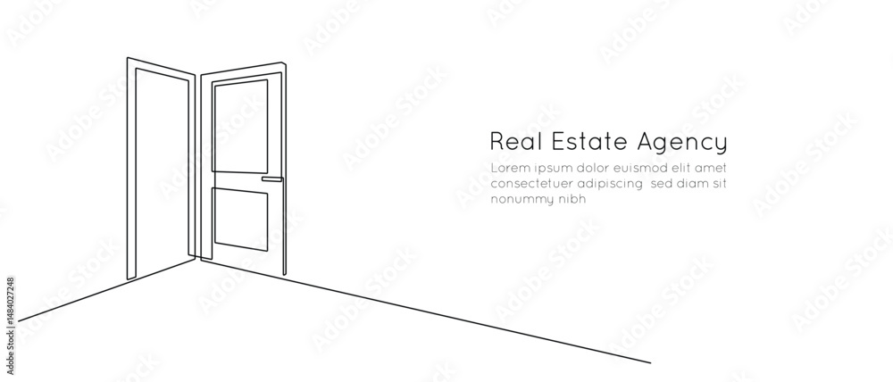 Poster Opened door in one continuous line drawing. Front enter and exit to house in simple linear style. Future opportunity concept in editable stroke. Oneline vector illustration