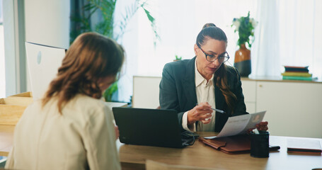 HR, candidate and resume with interview in office for hiring process, job recruitment and internal...