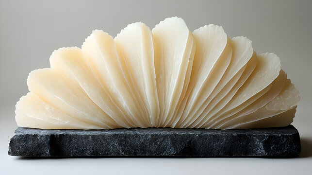 Queso Zamorano, Zamorano Cheese Zamorano cheese slices fanned on stone slab, natural rind, soft beige background