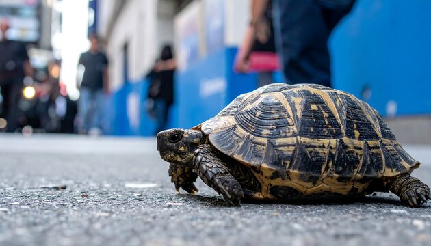 Tortoise crossing street with urban setting.