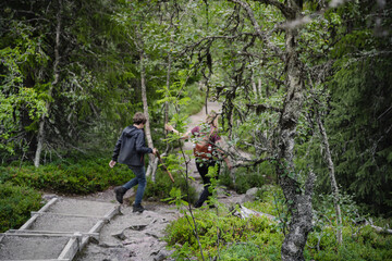 In beautiful Fulufjället National Park in Dalarna Sweden, a mother and her son hike along a winding path, enjoying the summer scenery surrounded by lush green trees and nature, walking out of focus