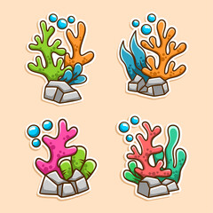 sea coral under water doodle hand draw collection set