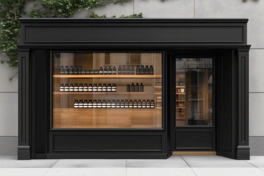 Realistic storefront mockup, local shop store glass window, small business commercial branding showcase