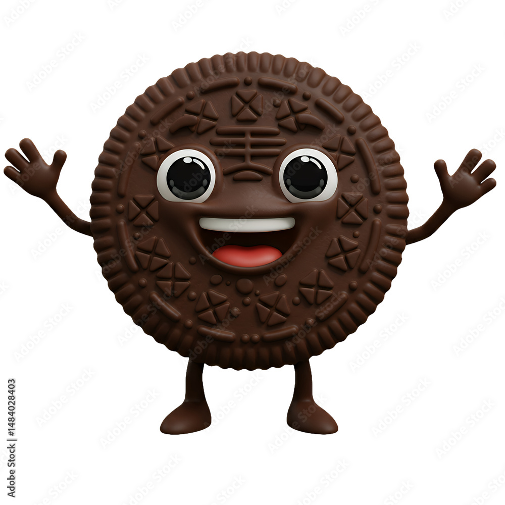 Poster a delightful 3d render of a chocolate cookie character with a happy expression, smiling and welcomin