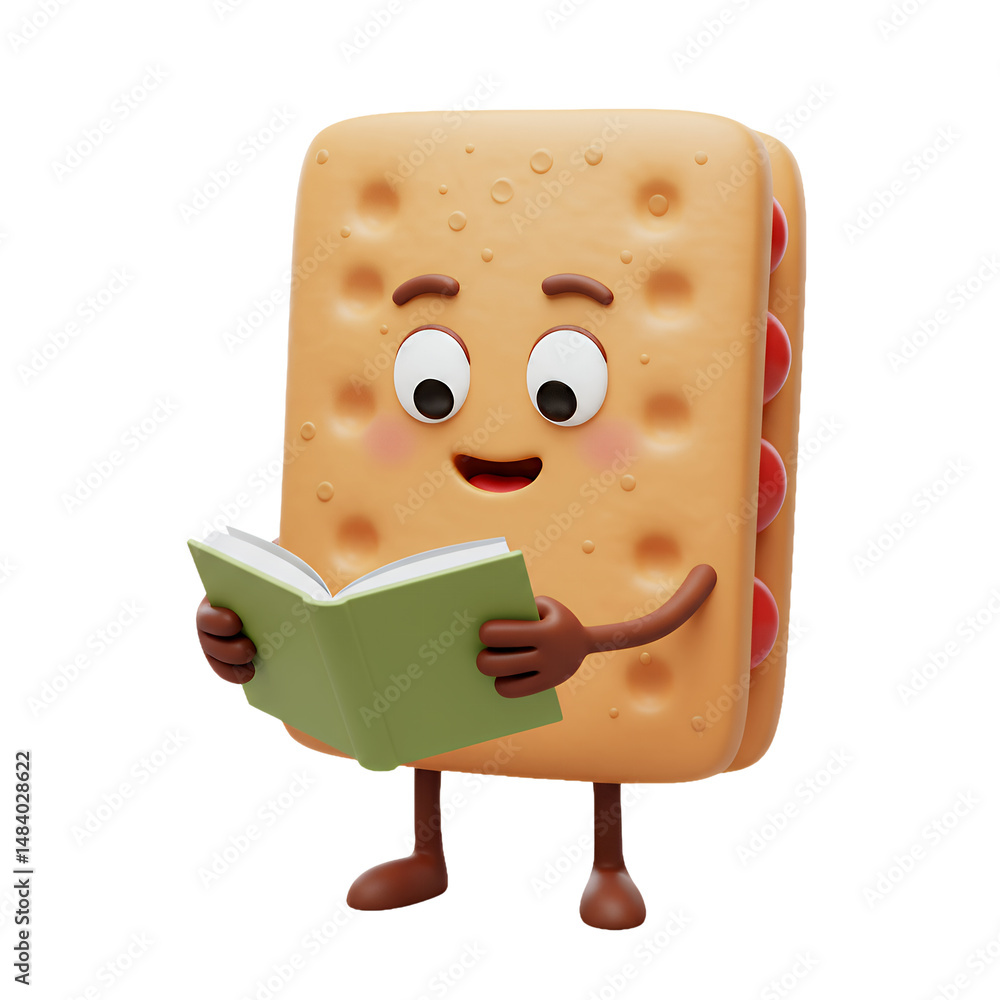 Poster adorable biscuit character enjoying a book: a delightful 3d render of a happy cookie reading a green