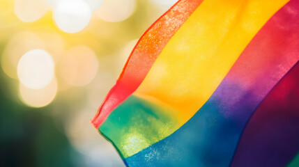 Close-up of a vibrant rainbow flag with soft, bokeh-filled background creating artistic ambience