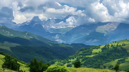 Obraz premium Scenic Mountain Valley Landscape with Green Hills and Cloudy Sky on a Sunny Day