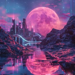 Neon Lights Illuminate a Futuristic City Built on Rolling Hills