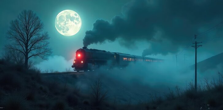 An eerie, spectral train glides through a moonlit landscape, its ghostly form partially obscured by swirling mist A sense of mystery and the supernatural pervades the scene , otherworldly, haunting
