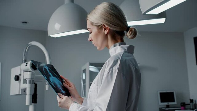 Veterinarian examining x ray in modern clinic