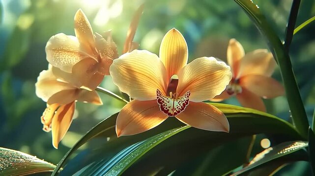 Peach-colored orchids with red centers glow in the sunlight against a backdrop of green leaves