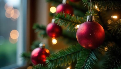 Close-up of a decorated Christmas tree with ornaments and lights , modern, lights