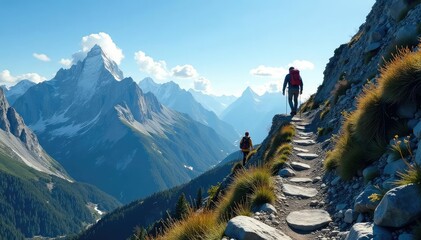 Climbers ascending a challenging, rocky mountain trail , scenery, sunset