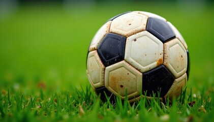 Fototapeta premium Close-up of a well-worn soccer ball, grass stains visible , play, aged, field