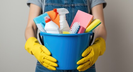 Woman holding cleaning supplies representing home care and hygiene, with gloves and bucket