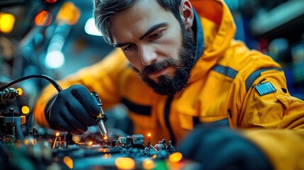 Focused technician soldering circuit board