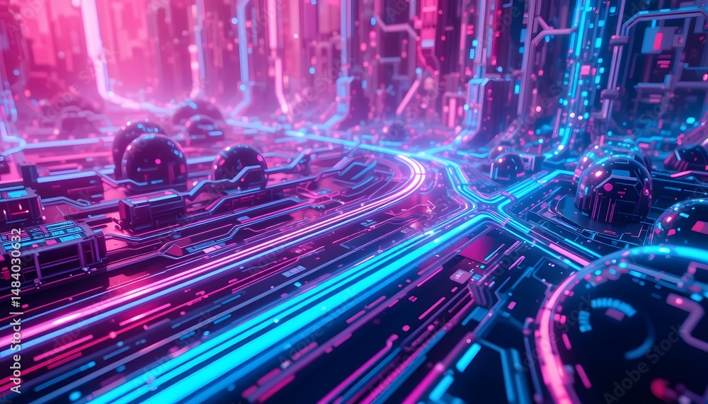 Poster futuristic motherboard background, abstract circuit board design with neon lights, a high-tech digit