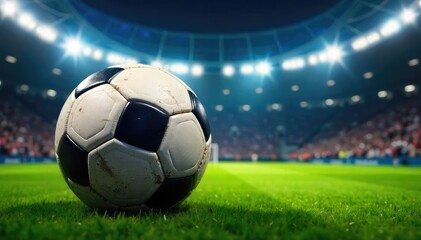 Close-up shot of a well-worn soccer ball, positioned against a backdrop of blurred stadium lights and cheering fans, evoking the excitement of a football match , competition, bokeh, match