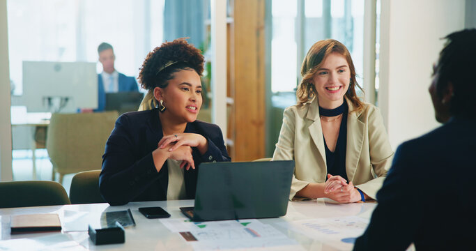 Manager, meeting or discussion in job interview with business people for opportunity and hiring. Smile, employment or employer talking to applicant in hr for company internship or recruitment process