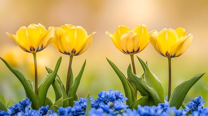 Obraz premium Four Yellow Tulips Blooming in Spring Garden