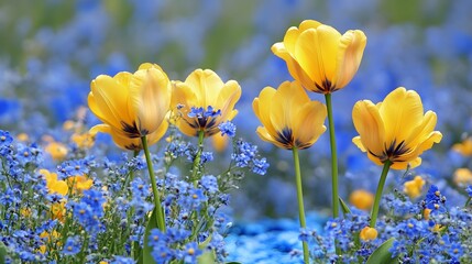 Obraz premium Vibrant Yellow Tulips Blooming in Blue Forget-Me-Nots Spring Flowers