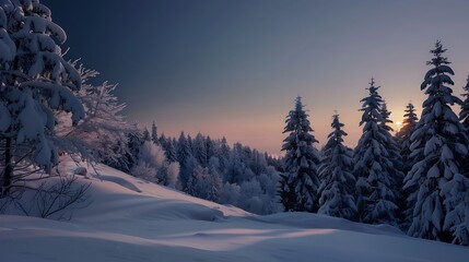 Fototapeta premium Snow Covered Forest With Pine Trees Under Pale Sunset Sky